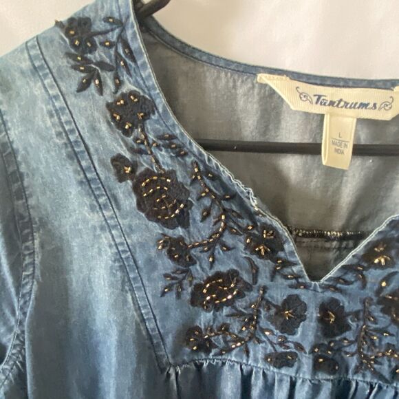 Tantrums Peasant Top Womens L Denim Embroidered Boho Babydoll Chambray - Picture 3 of 10
